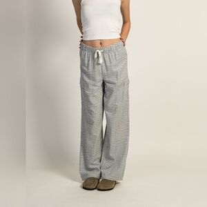 Wide-Leg Drawstring Plaid Pants - White/blu